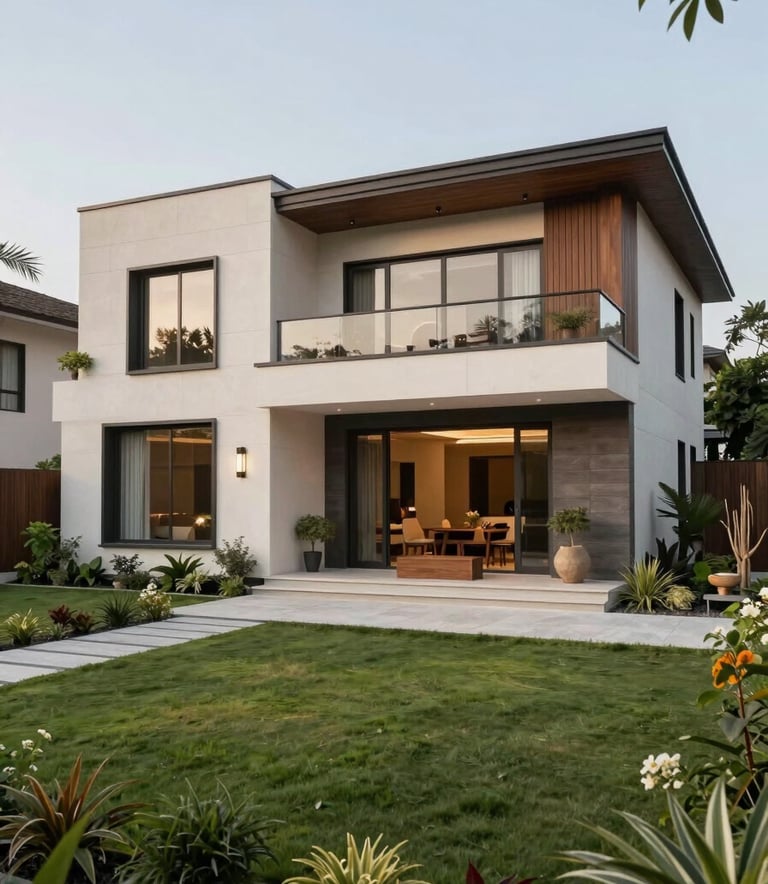 A wide shot of a luxury residential villa featuring contemporary South Asian design, clean lines, and premium finishes, surrounded by manicured greenery.
