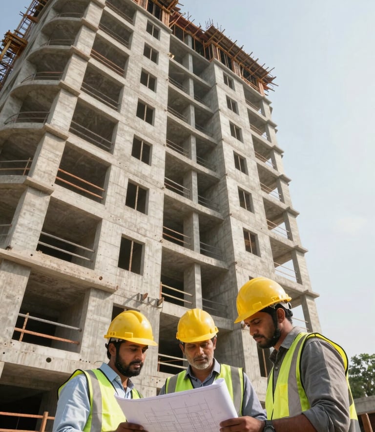 A low-angle shot of a modern, multi-story residential building under construction in Mysuru. South Asian engineers wearing yellow safety helmets are discussing plans in the foreground. Bright daylight illuminates the premium concrete and steel structure.