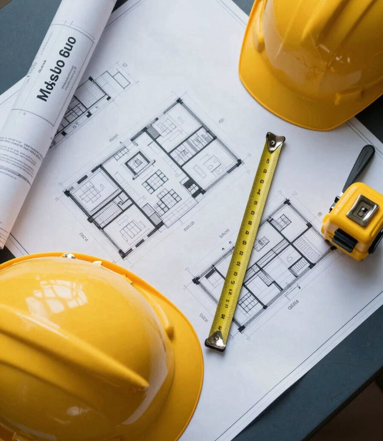 A top-down view of a professional workspace in Mysuru, featuring detailed architectural blueprints, a yellow hard hat, and a steel measuring tape. The scene is bright and corporate with dark blue and white accents, emphasizing meticulous planning and engineering precision.