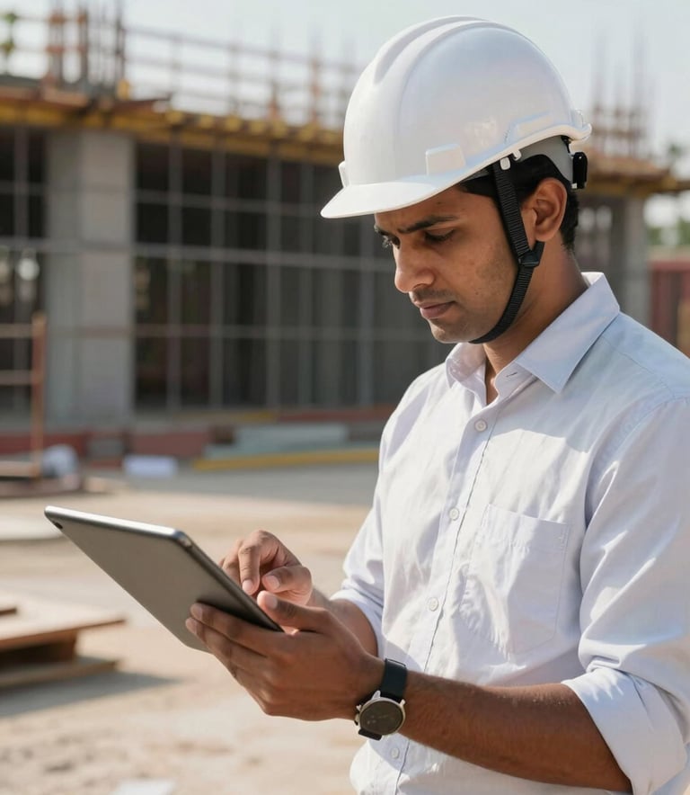 A professional civil engineer in a white hard hat reviewing architectural plans on a tablet at a sunny construction site in South Asia, shallow depth of field, modern aesthetic.