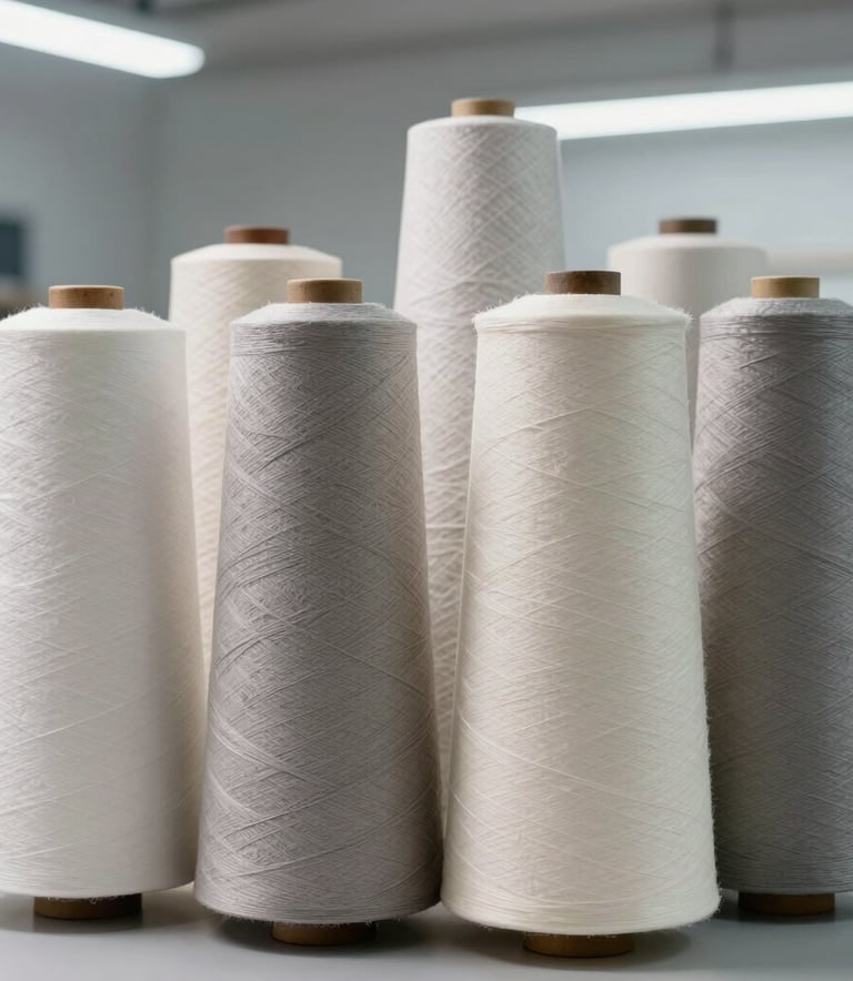 High-quality industrial textile rolls in various professional textures, arranged neatly in a bright, modern studio with clean lighting, Western European style.