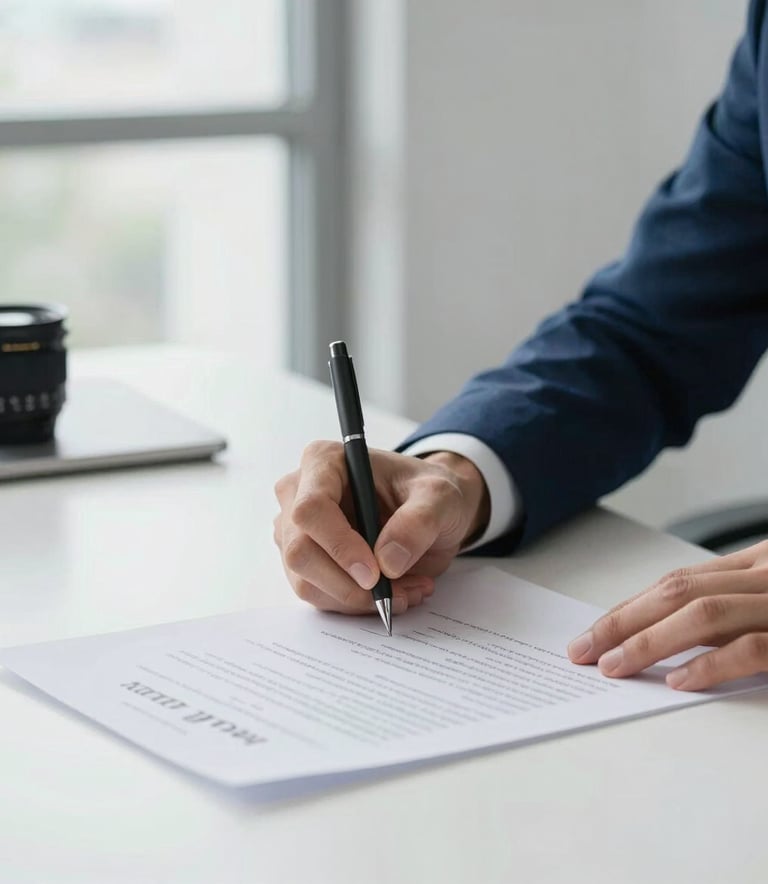 A close-up of a professional business agreement being signed on a clean desk in a bright, modern Western European office setting, featuring deep sea blue accents.