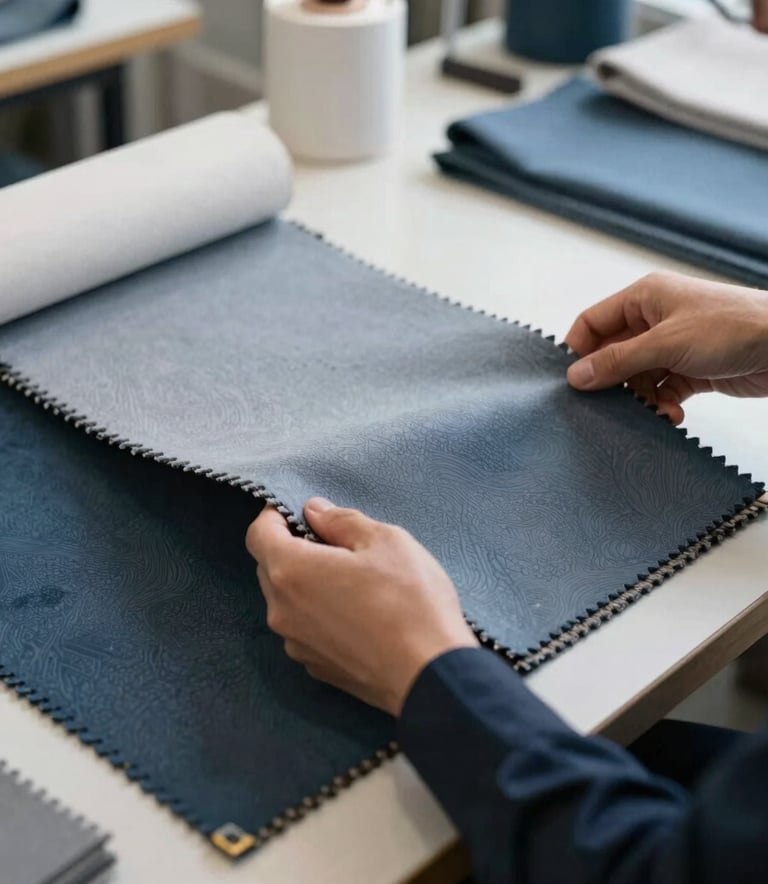 A close-up photograph of a professional's hands inspecting high-quality textile samples in a bright, modern studio in London. The lighting is soft and natural, emphasizing the texture of the fabric. The scene uses a sophisticated palette of steel blue and light gray, reflecting Western European professional standards.