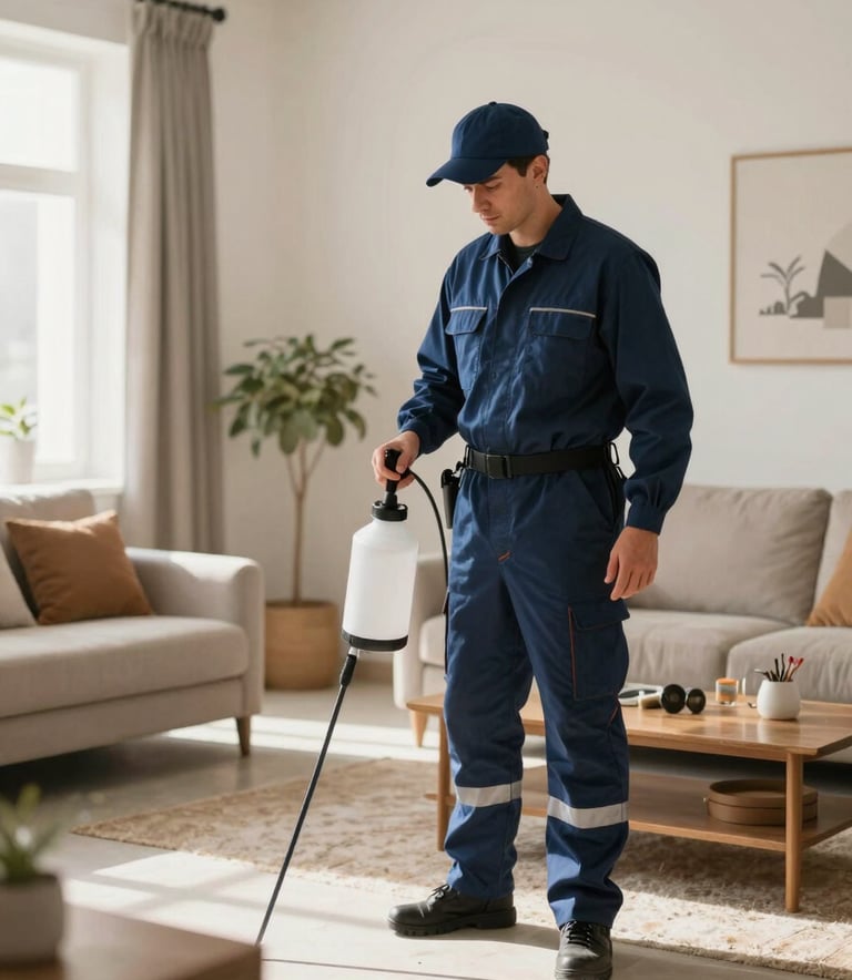 Professional wide shot of a clean, modern North African / Moroccan living room being treated by a pest control expert in a professional navy blue uniform. The technician is using professional-grade spraying equipment with precision and care. Soft morning light enters through windows, highlighting the safety and cleanliness of the procedure.