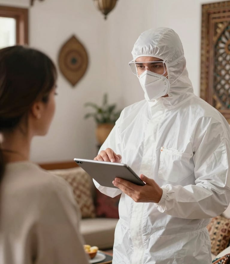 A professional technician in white protective gear holding a tablet and explaining the treatment plan to a homeowner in a bright Moroccan living room with traditional decor.