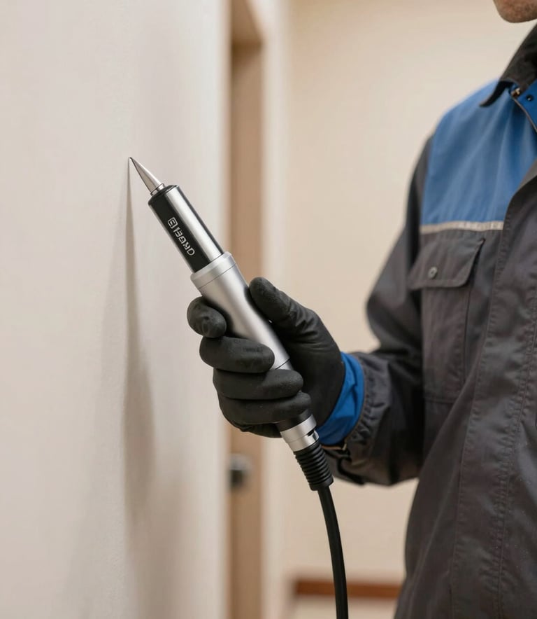 A close-up photograph of a professional pest control technician's gloved hand holding a modern, sleek inspection tool against a clean interior wall. The lighting is bright and professional, emphasizing a clinical and efficient atmosphere. The technician wears a dark grey and light blue uniform, consistent with the brand's professional mood in a North African / Moroccan interior setting.