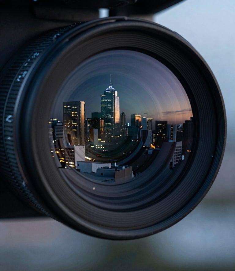 Close-up of a high-resolution drone camera lens reflecting a modern Latin American skyline at dusk, cinematic lighting with dark blue and greyish blue tones, shallow depth of field, professional and technical atmosphere.