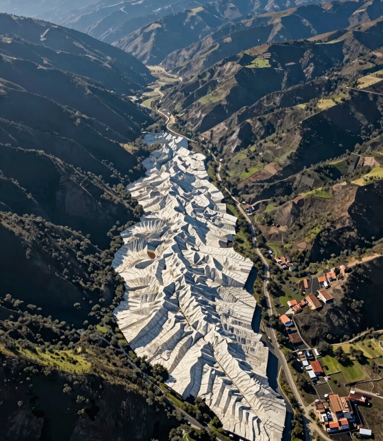 Aerial survey photograph of a lush Spanish / Latin American valley being mapped, showing clear geographical detail and precise composition. The sun is at a low angle, highlighting topographical features in steel blue and off-white tones, conveying professional accuracy.