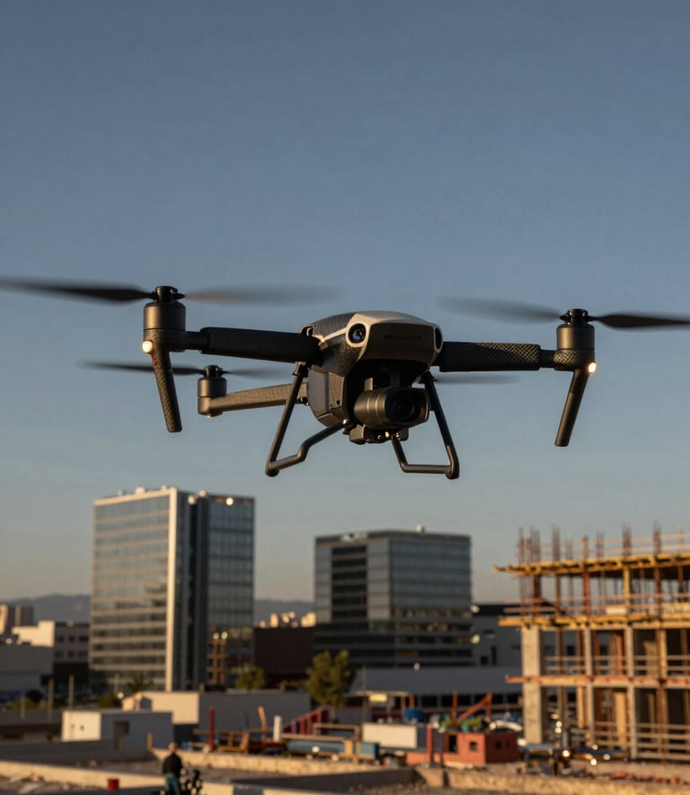 A professional industrial drone hovering over a large construction site in a modern Spanish city, sunset lighting with dark blue and greyish blue sky, sharp focus on the carbon fiber frame and technical rotors.