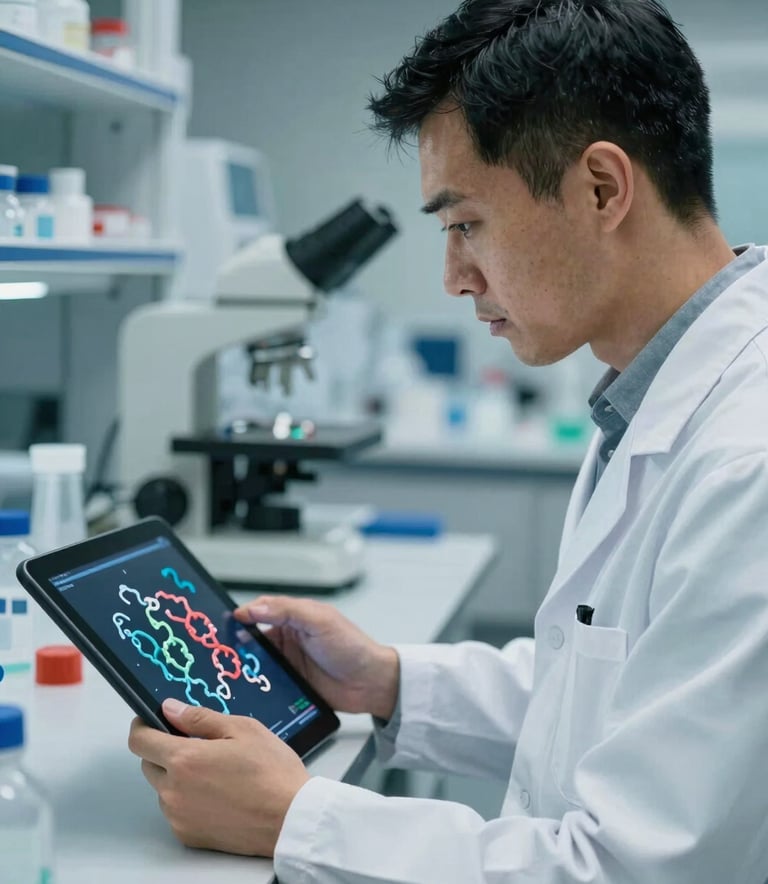 A close-up of a scientist in a high-tech laboratory, looking at a digital tablet showing protein structures. The scene is lit with professional, cool lighting in shades of #4B7F7F and #F3F8F8. The atmosphere is focused and authoritative.