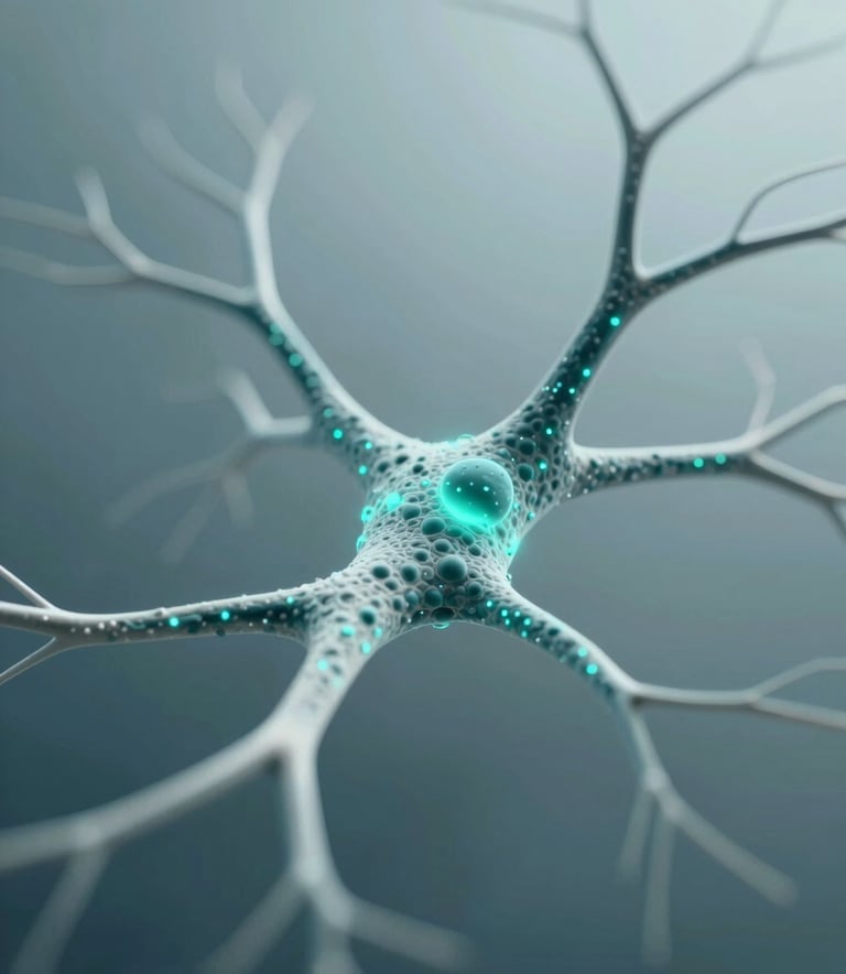 A sophisticated scientific 3D render of a neural pathway being subtly illuminated by glowing teal particles, representing precision modulation, with a palette of #1A2F2F and #AECDCB, clean medical aesthetic.