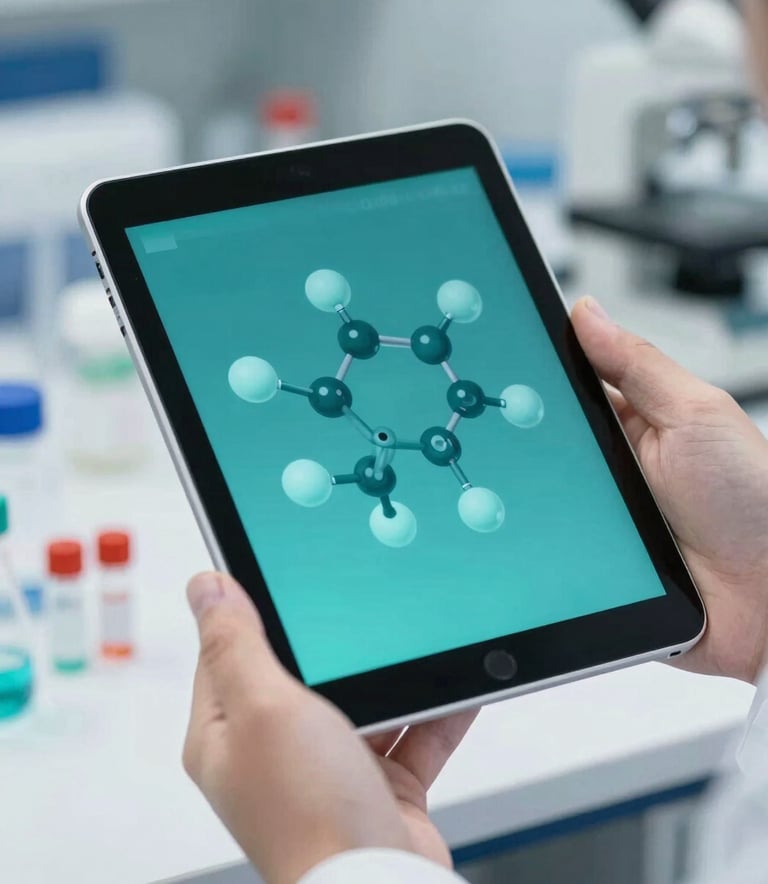 A close-up of a laboratory tablet showing complex molecular structures in teal tones, held by a researcher in a clean white lab setting, featuring the brand palette and a tone of innovative optimism.