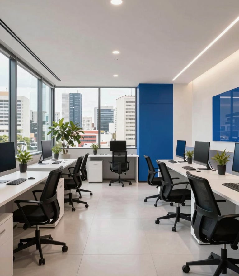 A wide photography shot of a sleek, modern digital marketing office in a South American / Brazilian city, featuring ergonomic furniture, large windows with urban views, and a clean interior palette of soft off-white and royal blue accents.