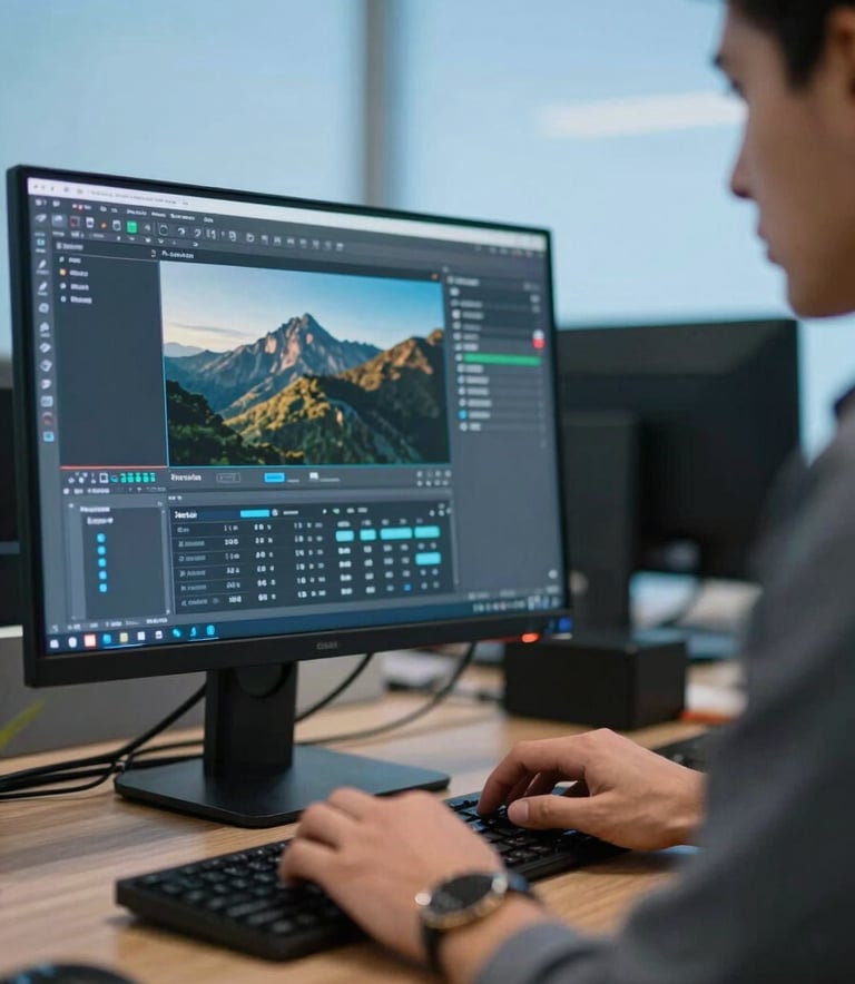 A close-up photography of a professional in a South American / Brazilian office using a high-end computer for digital design, with bright sky blue lighting accents in a professional atmosphere.