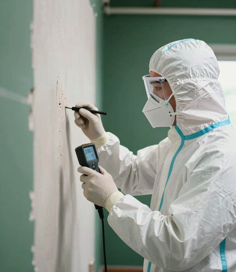 A professional North American mold remediation specialist in a white protective suit and mask, using a high-end moisture meter on a drywall in a clean, modern basement. Soft natural lighting, emphasizing a trustworthy and clinical atmosphere with deep forest green accents.