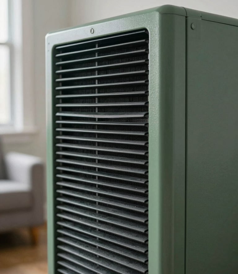 Close-up of a professional HEPA air scrubber with a muted green casing, operating inside a clean residential room in Ottawa. The environment is orderly and sterile.