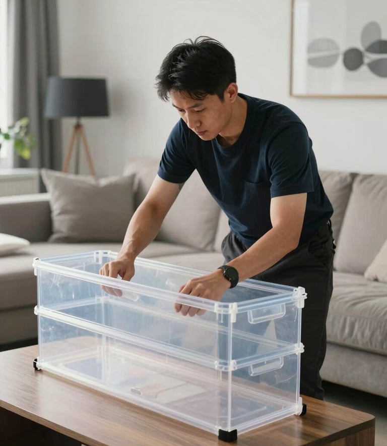 A technician in professional work attire setting up a clear, high-quality plastic containment barrier in a modern Canadian living room. The composition is clean and focused on professional standards.