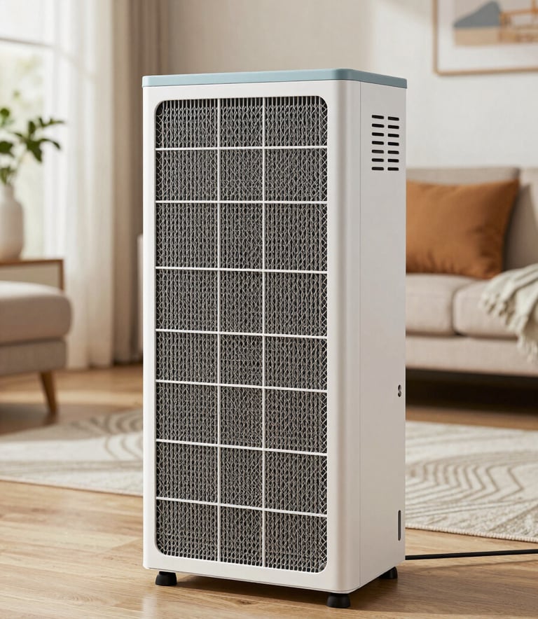 A high-efficiency HEPA air scrubber positioned in a well-lit North American residential living area. The setting is clean and uncluttered, reflecting a healthy indoor environment after professional mold removal. Professional photography style.