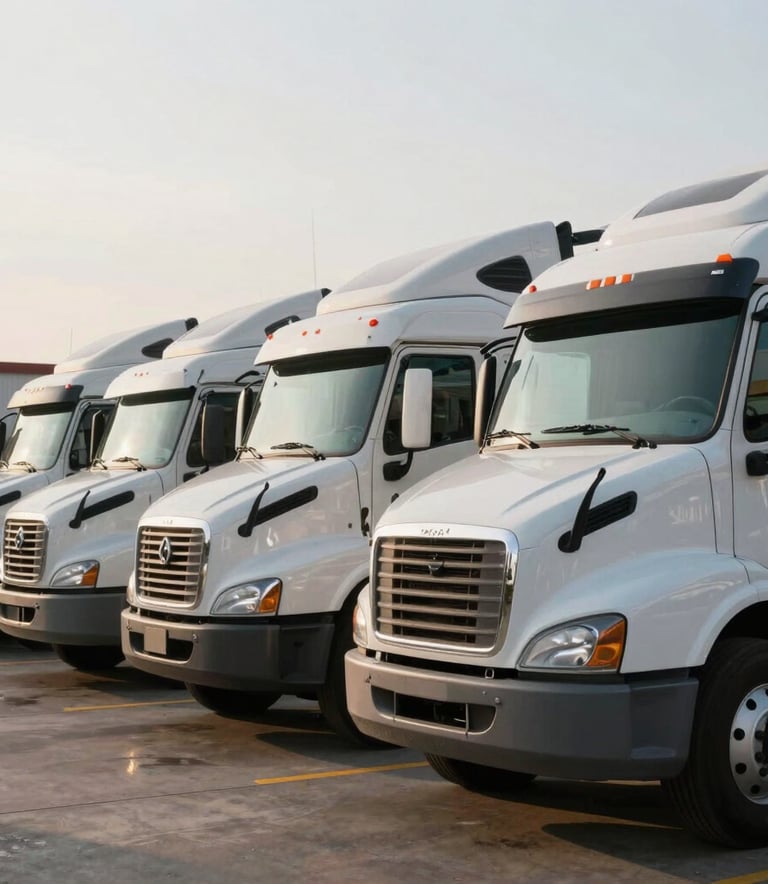A fleet of clean, white modern semi-trucks parked neatly at a logistics terminal in Latin America, bright morning sky background.