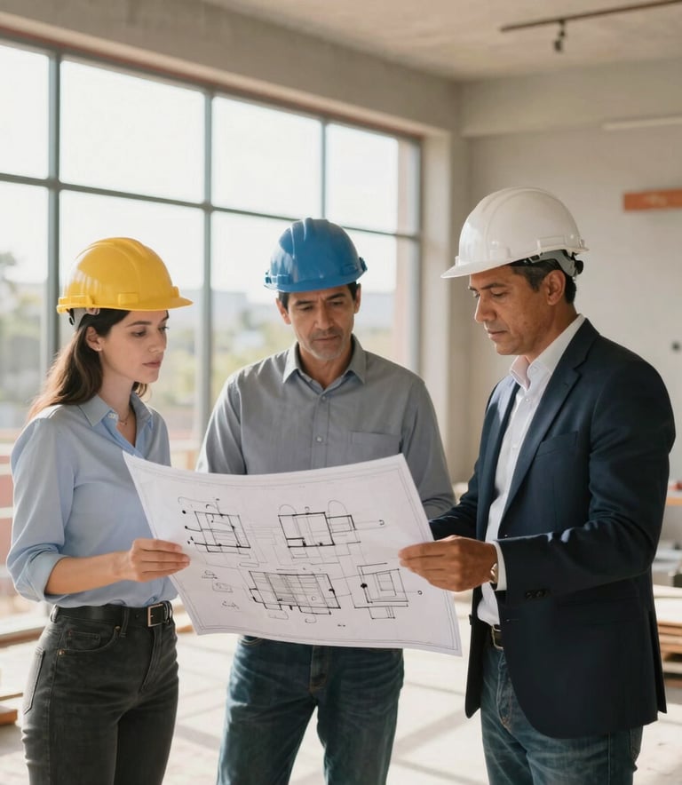 Professional architects and builders reviewing blueprints in a bright, modern South American construction site, elegant aesthetic, soft daylight.