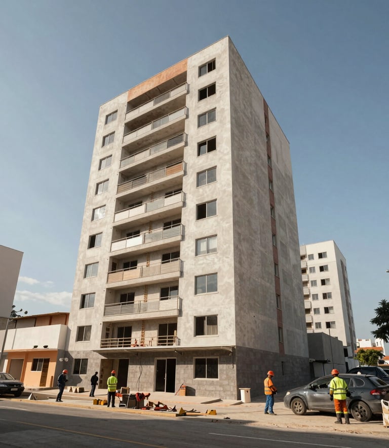 A wide-angle professional photograph of a modern apartment building being restored in Brazil. The scene shows a clean, organized workspace with workers in professional safety gear. The sky is clear, emphasizing the reliability and quality of the work.