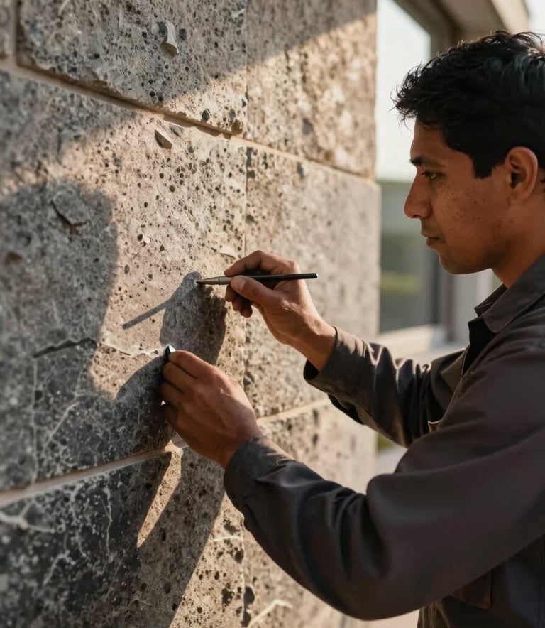 Close up photography of a professional technician in South American work attire inspecting a high-quality facade finish. The lighting is warm afternoon sun, highlighting the sophisticated stone textures and the precision of the craftsmanship. Palette features dark coffee and stone gray tones.