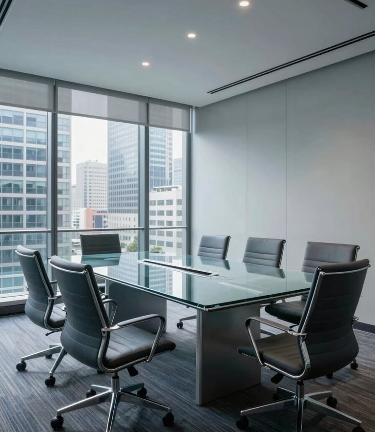 A professional wide-angle photograph of a modern boardroom in a North American city. The room features a large glass table and ergonomic chairs, with soft blue and grey tones throughout the decor, emphasizing a calm and sophisticated atmosphere.