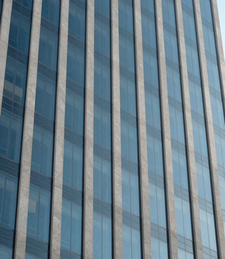 A sharp, detailed photograph of a North American / US skyscraper facade reflecting a clear sky. The composition is geometric and minimalist, highlighting the sophisticated and trustworthy nature of a modern financial institution, featuring shades of Steel Blue and Light Gray.