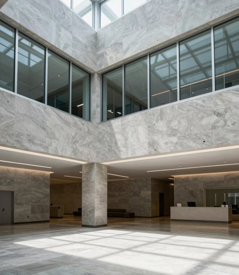 An architectural photograph of a modern North American / US office lobby with clean lines and high ceilings. The palette is dominated by Light Gray stone and Muted Blue accents. Natural light spills across the floor, creating a sense of clarity and professional openness.