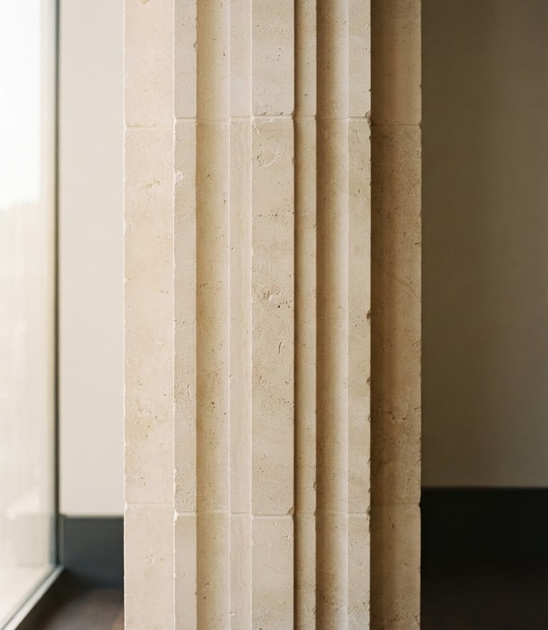 Elegant close-up of a structured architectural column in warm morning light, minimalist beige stone, clean lines, 35mm