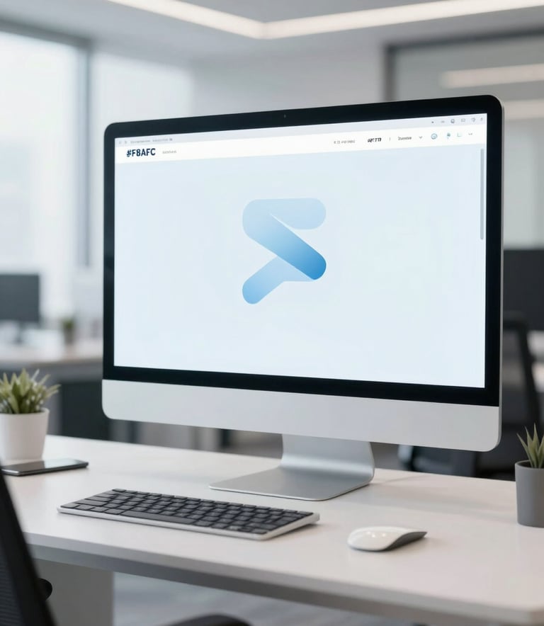 A bright, premium modern office interior with a blurred professional background. Focus is on a clean desk with high-end tech. The color palette incorporates #F8FAFC and subtle #4F77CC blue lighting.