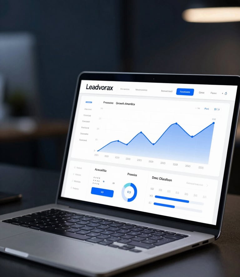 A close-up, high-end photograph of a sleek laptop screen displaying a professional growth analytics dashboard with blue and white line graphs. The setting is a dark, luxury office with soft bokeh lighting in the background, featuring deep navy and charcoal tones to match the Leadvorax brand mood.