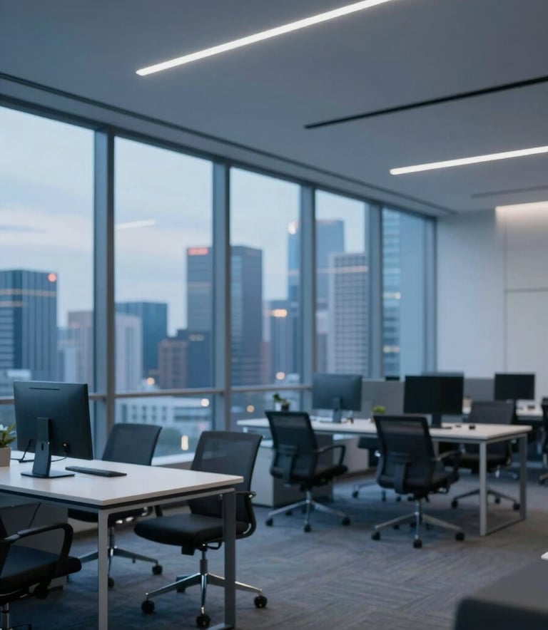 A wide-angle shot of a minimalist, tech-driven corporate office space. Large windows reveal a city skyline at dusk with blue hour lighting. Inside, sleek furniture in navy and grey creates a premium feel. The image should look professional, modern, and high-end, incorporating subtle #1E3A8A blue hues.