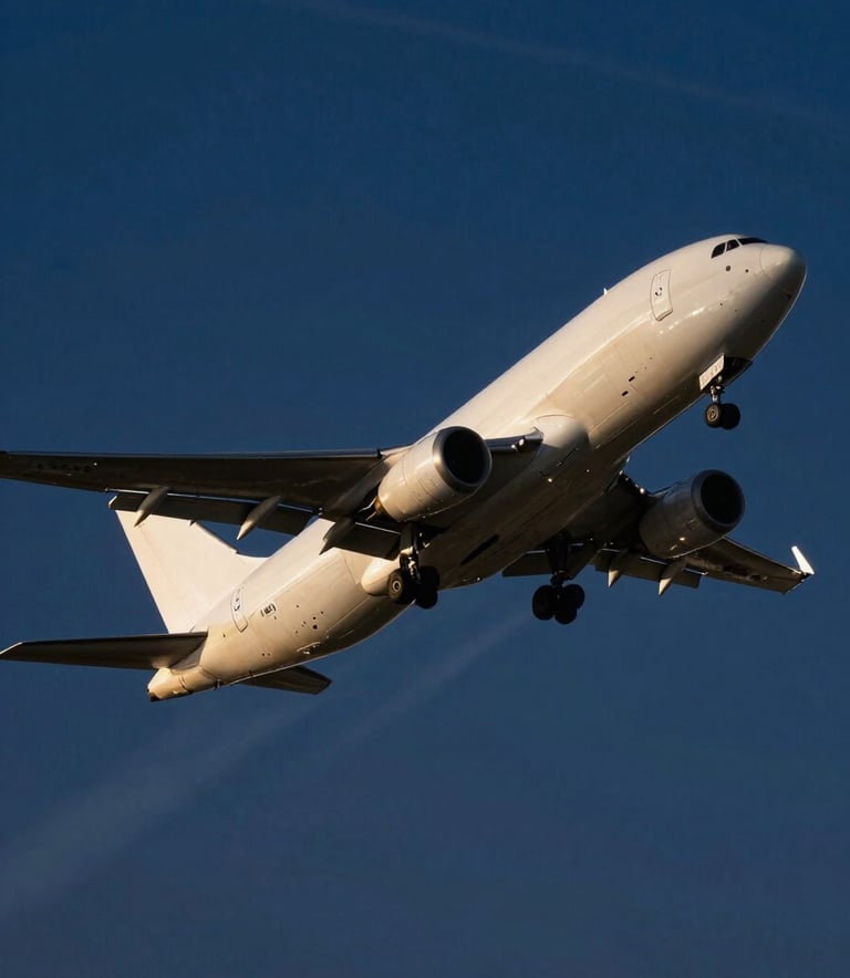 A low-angle shot of a cargo plane taking off at dusk, leaving light trails against a deep navy blue sky. Professional photography, global / international logistics theme, cinematic lighting with light blue and off-white highlights.