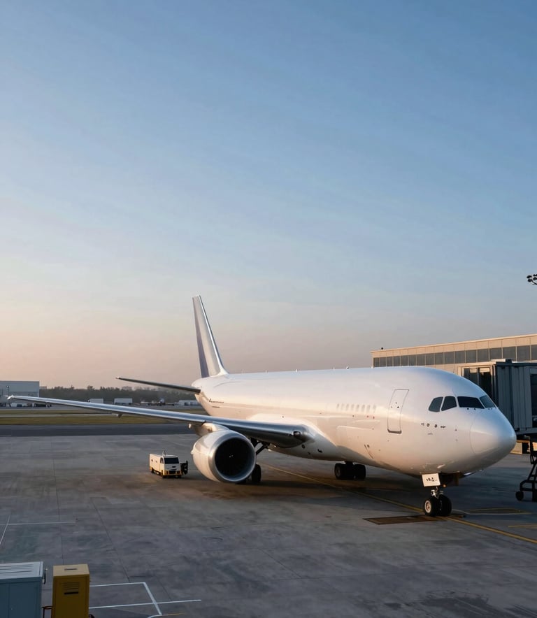 A sleek, wide-angle photograph of a modern air cargo hub at dawn, showing a professional logistics environment in a global international setting. The scene features soft light blue morning light and deep navy shadows, conveying efficiency and reach.