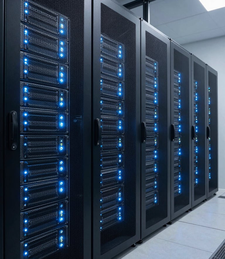 A high-tech server room with rows of blinking lights in shades of navy and light blue. Clean, modern aesthetic, wide-angle photography, symbolizing innovation and secure hosting. Global / International context.