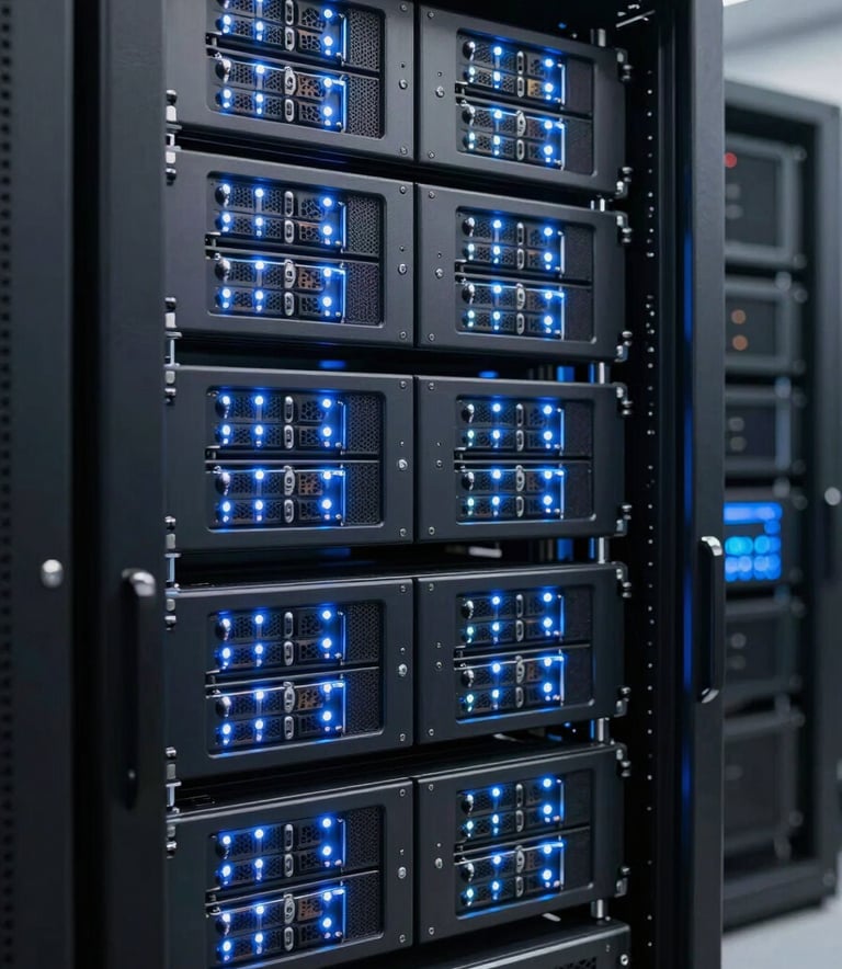 A sophisticated close-up of high-performance server racks in a data center, glowing with soft light blue LEDs, symbolizing modern hosting and security, set in a clean and reliable global international facility.