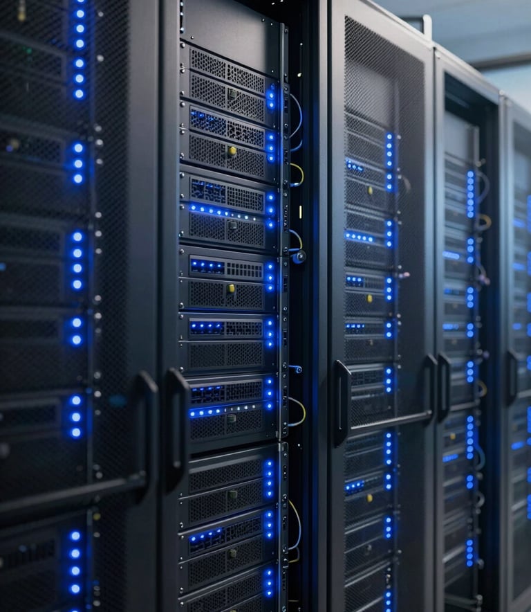 Clean and organized modern server room with blue LED indicator lights on the racks. The lighting is sophisticated, reflecting a professional and high-tech environment typical of a top-tier IT service provider.