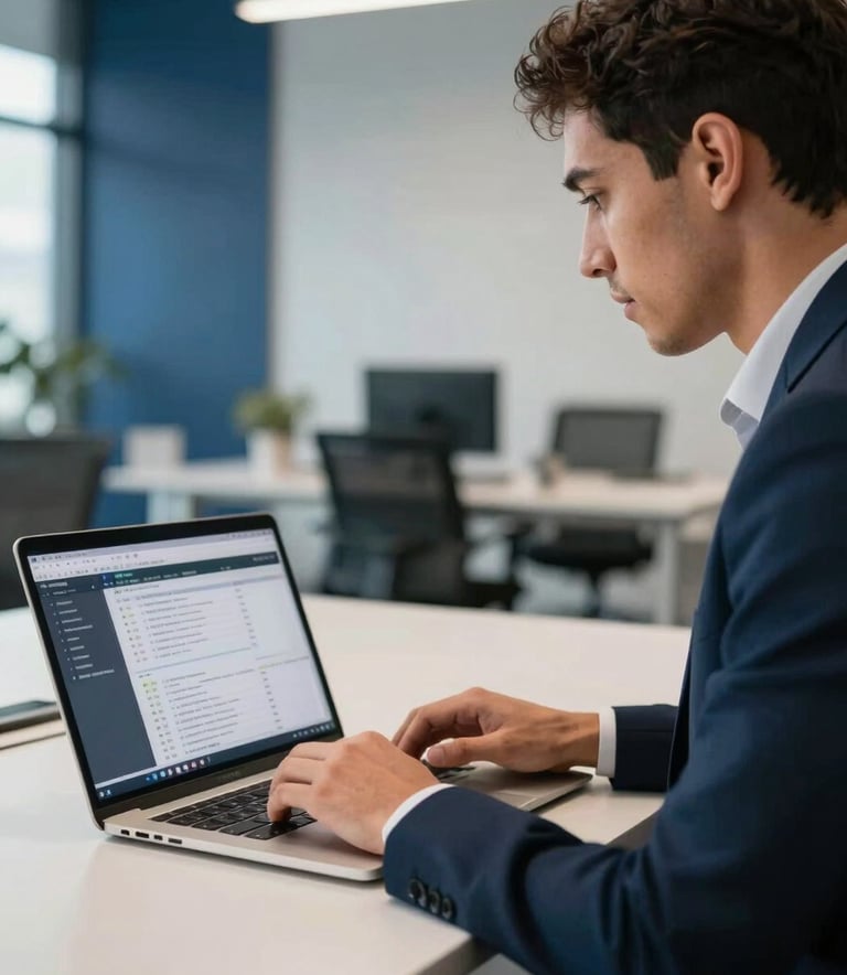A professional South American IT consultant in a modern office, showing a laptop screen with technical data to a client. The atmosphere is bright and professional, with dark blue and light gray accents in the background architecture.