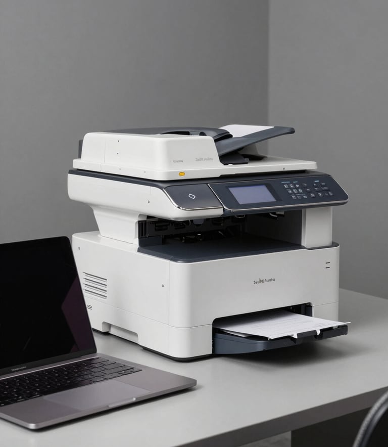 Professional studio photography of a latest-model laptop and a high-performance office printer on a minimalist gray desk, soft professional lighting, South American business setting.