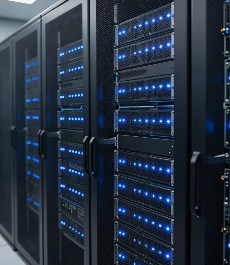 Photography of a modern and clean data center in South America, featuring racks of servers with blue LED indicator lights, highlighting a professional and authoritative atmosphere in information technology.