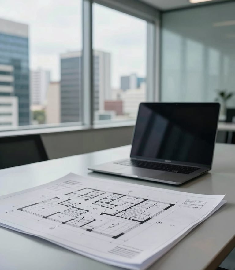 A high-end, professional architectural office in a South American / Brazilian metropolitan area. The scene features a large table with detailed floor plans, a high-tech laptop, and a soft blue and light grey color palette. Natural light streams through large windows, emphasizing a clean and sophisticated atmosphere.