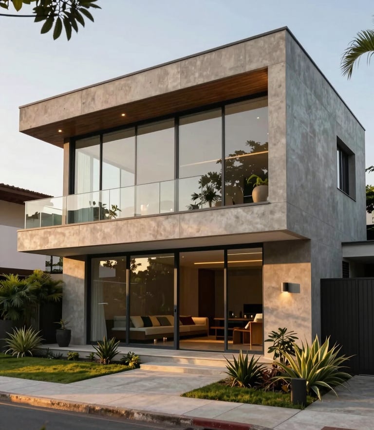 Exterior shot of a sophisticated modern luxury house in a South American / Brazilian neighborhood, featuring glass walls, concrete textures, and elegant landscape design, captured during the golden hour with soft sunlight.
