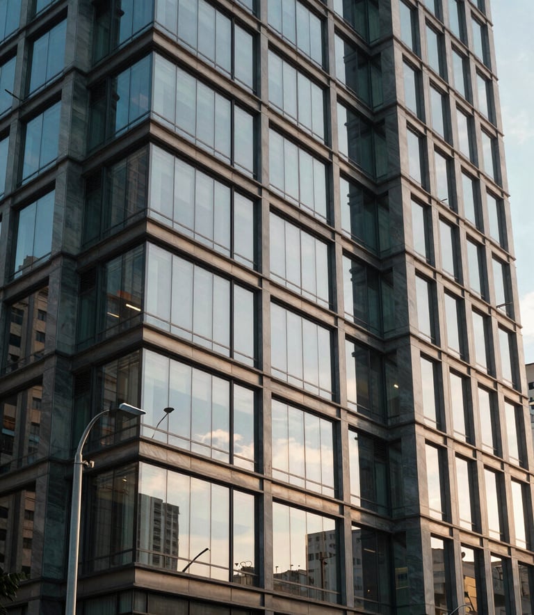 A sharp, professional photography shot of a sleek, contemporary commercial building facade with glass and steel elements, located in a South American / Brazilian business district. The lighting is crisp afternoon sun, reflecting off the building's surfaces in shades of soft blue and grey.