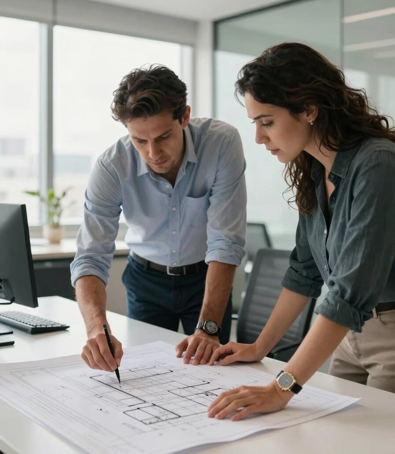 A professional architectural consultation taking place in a bright, modern office in South American / Brazilian setting, showing a architect and a client reviewing blueprints on a large white table, soft natural daylight, high-end professional atmosphere.