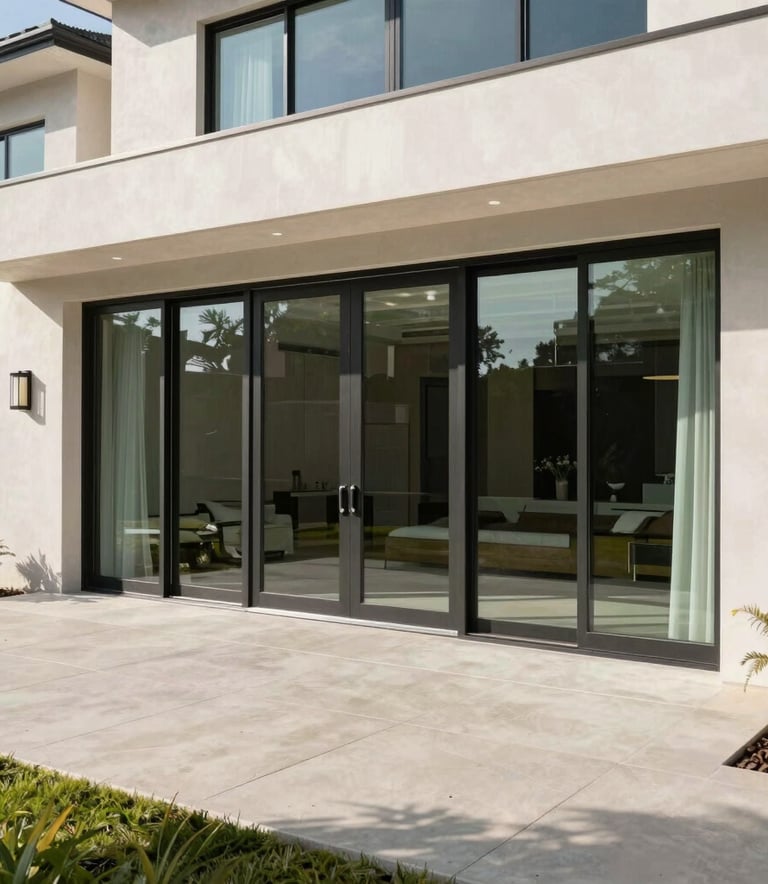 Wide shot of a luxurious contemporary North American residence featuring a massive pivot glass door, clean architectural lines, bright daylight.