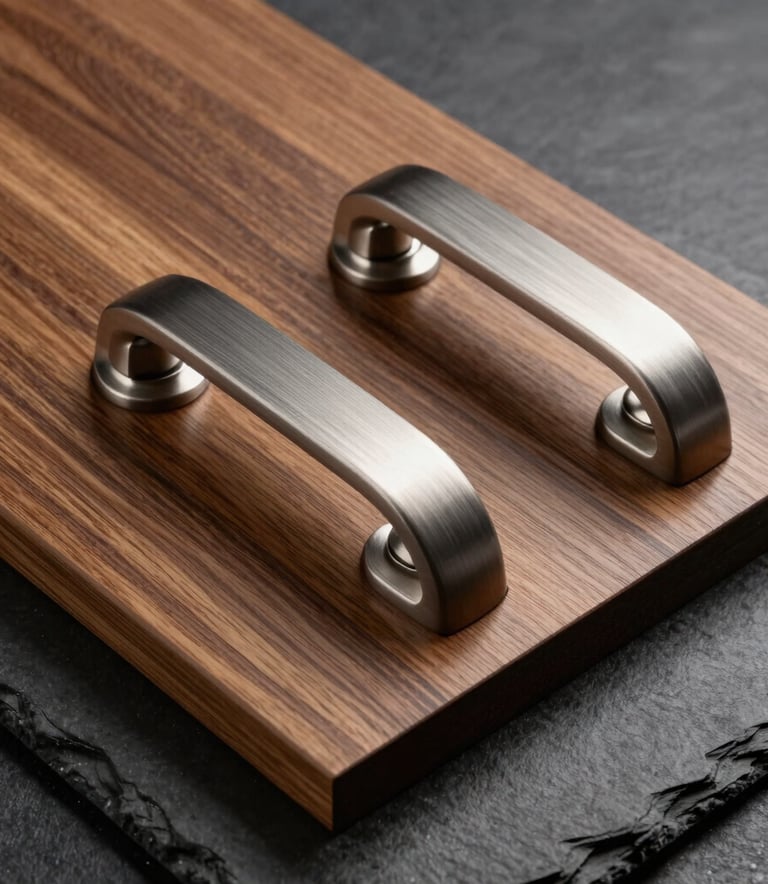 Professional studio photography of high-quality wood grain panels and brushed steel door handles on a dark slate surface, sophisticated lighting.