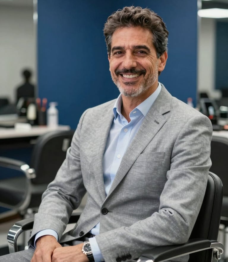 A portrait of a smiling Spanish business owner in a well-lit, modern barbershop. The lighting is soft and natural, emphasizing approachability, with Silver Grey and Steel Blue colors visible in the decor.