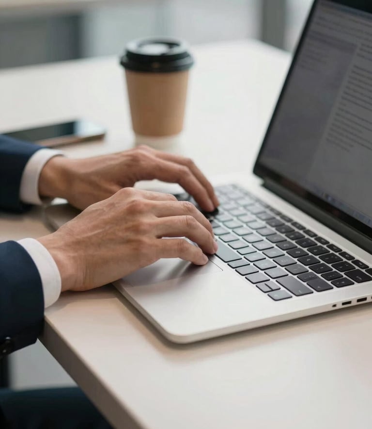 A close-up photograph of a professional person's hands using a laptop in a bright, modern office space. The scene features a clean desk with a smartphone and a coffee cup, with Steel Blue and Soft Off-white tones in the background, conveying efficiency.
