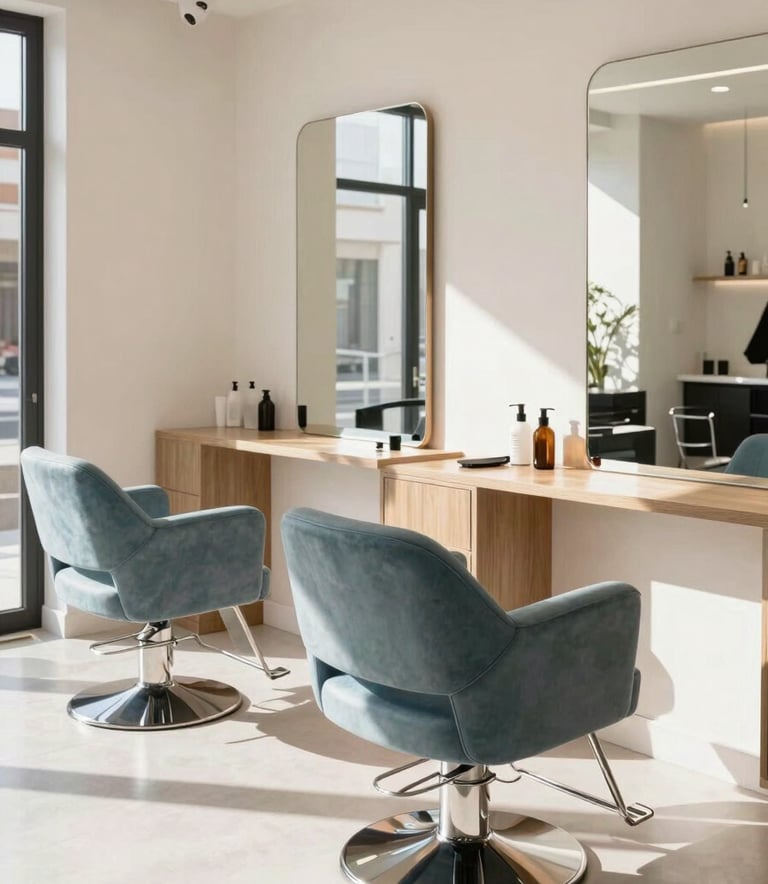 A bright and airy interior of a modern Spanish hair salon. The decor features soft off-white walls and slate blue accents on the chairs. Natural sunlight pours in, creating a professional and welcoming atmosphere. High-end photography style.